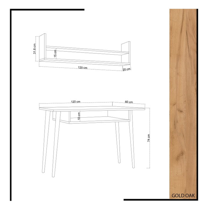 Hanah Home Mesa de Estudio Roble 120x60x74cm, Escritorio con Estante y Estantería de Pared, Tablero Partículas Melamina 18mm
